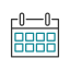 Icon of a calendar. The calendar has a segmented outline with seven columns and three rows of boxes, representing days. The middle row is highlighted in teal, perhaps marking important vet appointments or key dates for a veterinarian. The overall design is minimalistic and flat.