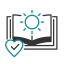 Icon of an open book with a sun above it, signifying enlightenment or knowledge. At the bottom left is a checkmark inside a heart, representing approval or positive affirmation—much like the trust and care given by a vet. The overall color theme is black and teal.