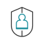 Graphic icon depicting a shield outline with the silhouette of a person in the center. The silhouette is highlighted in teal, while the rest of the design is in black, symbolizing protection or privacy—ideal for representing a vet’s commitment to pet safety and health.