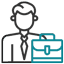 A simple icon depicting a person in a suit and tie holding a briefcase. The person is outlined in black, and the briefcase is colored blue. With an air of professionalism akin to that of a dedicated veterinarian, this icon represents diligence and expertise.