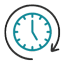 A teal clock face with black numbers and hands indicating 10:10. The clock, often seen in a veterinarian's office, is encircled by a black arrow that starts from the bottom left and curves clockwise to the right, forming a nearly complete loop around the clock.