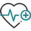 Icon depicting a black outline of a heart with a blue electrocardiogram (ECG) line passing through the middle. A blue circle with a plus sign inside is positioned at the upper right side, overlapping the heart's edge. Ideal for vet clinics, the background is teal colored.