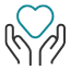 A stylized graphic showing two hands, outlined in black, raised with palms facing up, cradling an outline of a blue heart above them. The design suggests the care and support often provided by a veterinarian.