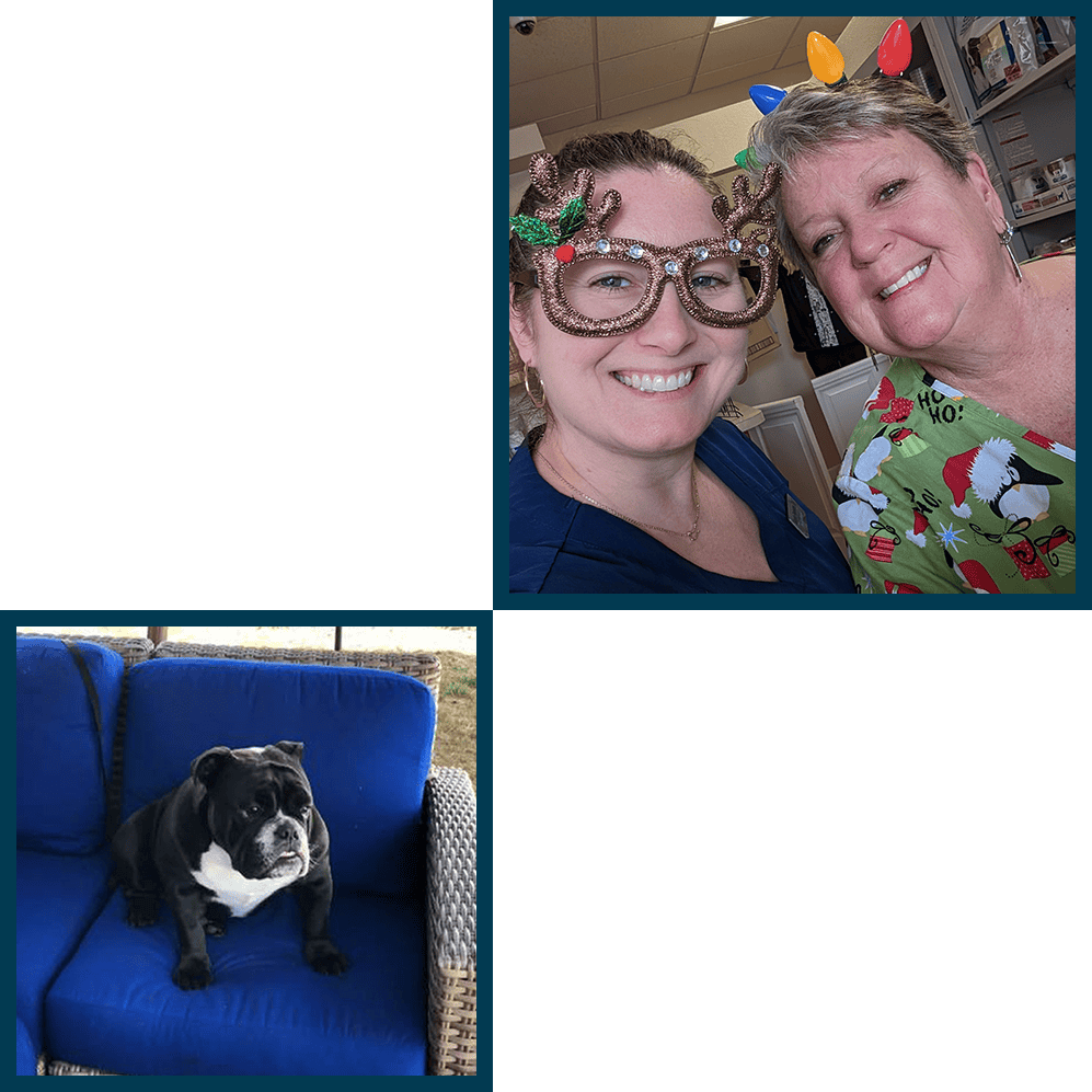 Two smiling women pose for a selfie, one wearing Christmas-themed glasses and antlers, the other with colorful lights headband. Below, a black and white bulldog sits on a blue couch outside.